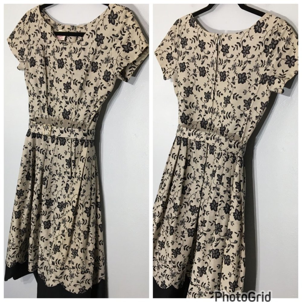 Vintage 50s Tan Floral Fit and Flare Party Dress Matching Belt Pleated Skirt VLV - Picture 3 of 16
